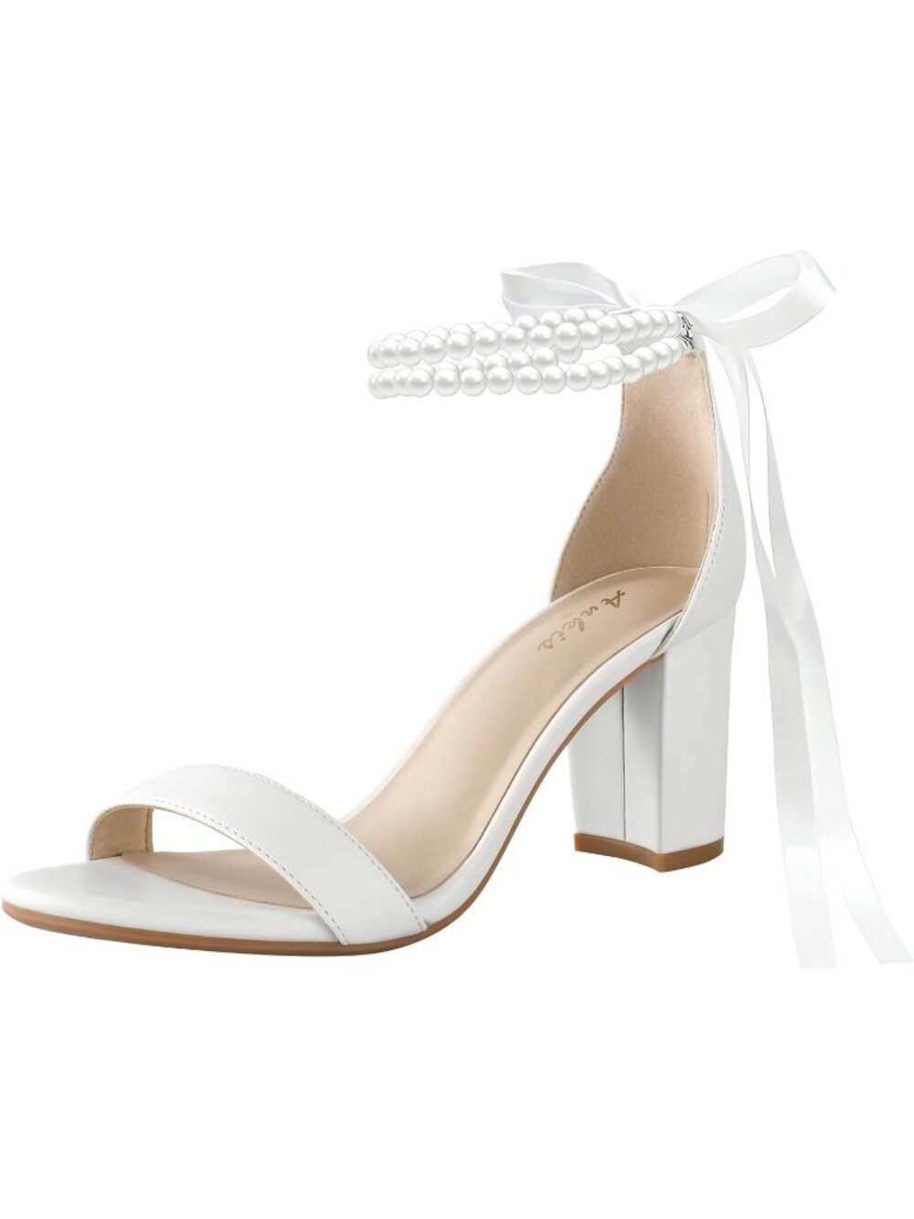 Women's White Fashionable Comfort Chunky Heels Pearl Bow Elegant Heeled Sandals